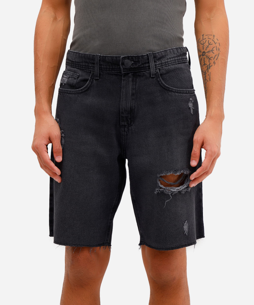 bermuda slim masculina jeans destroyed preta