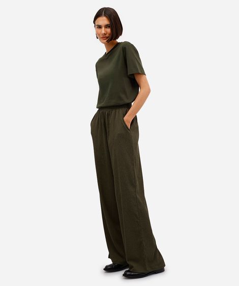 calça wide leg com bolsos texturizada verde