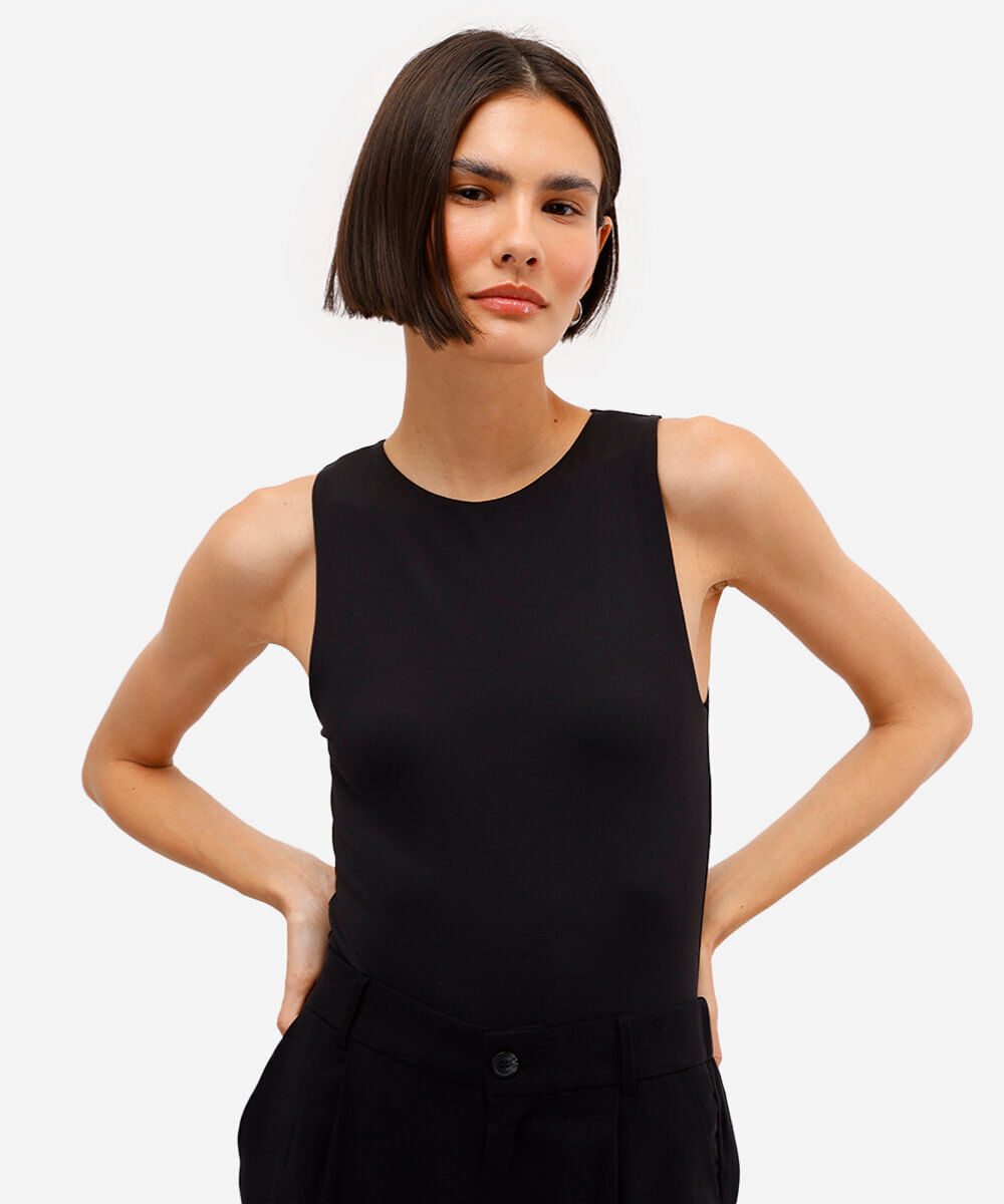 body de poliamida decote redondo preto