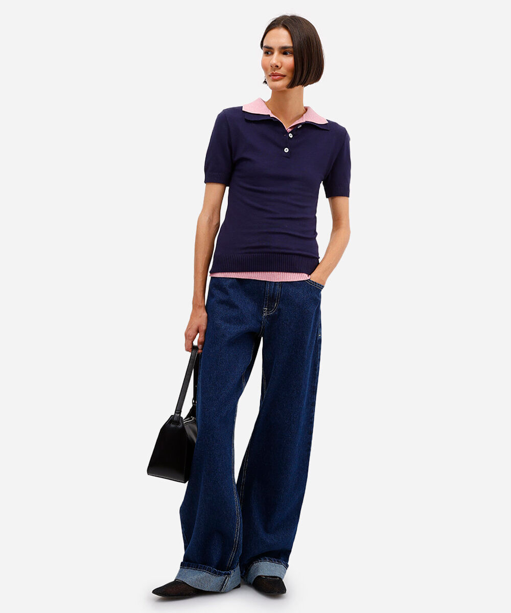 polo feminina de tricot azul