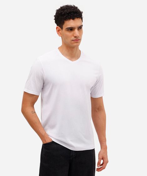 camiseta de algodão básica gola v branca