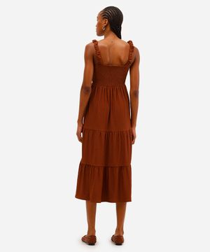 vestido midi feminino texturizado com recortes alças médias marrom
