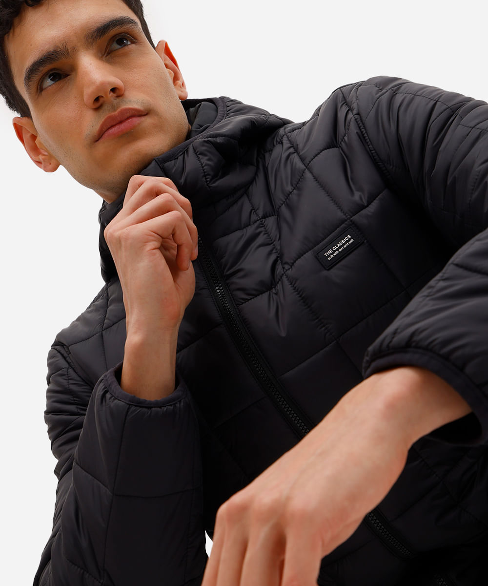 jaqueta puffer masculina com capuz preto