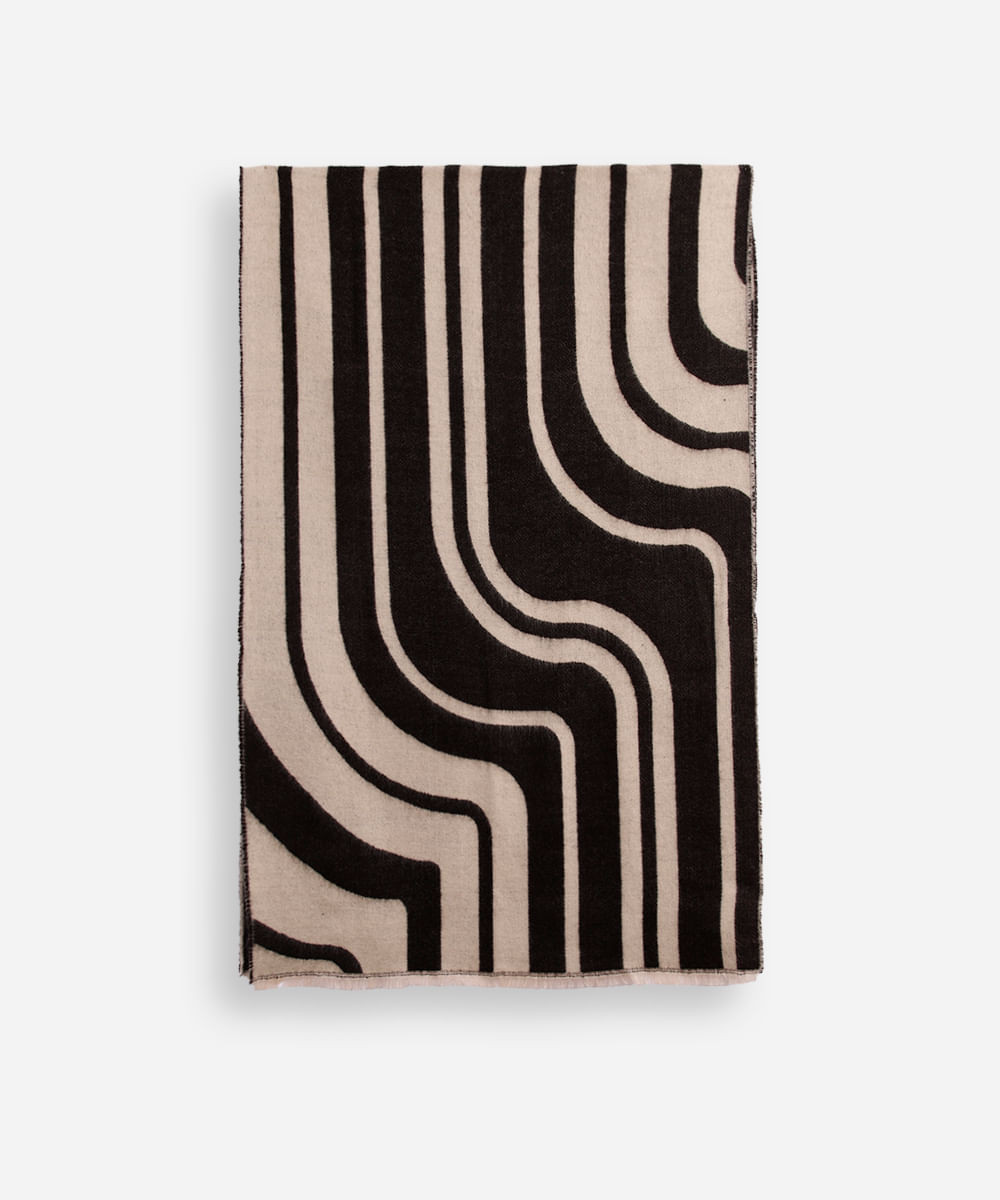cachecol feminino estampado com franjas abstrato preto