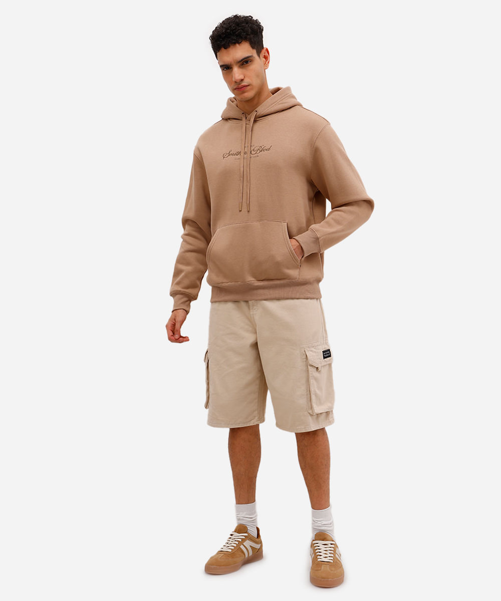 blusão masculino de moletom com capuz e bolso canguru bege