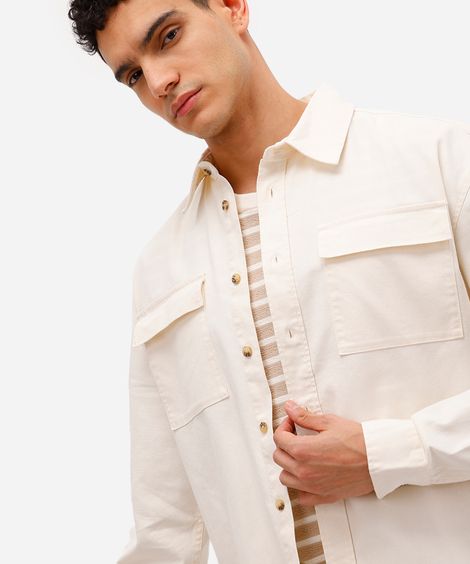 camisa masculina de sarja manga longa com bolso lapela off white