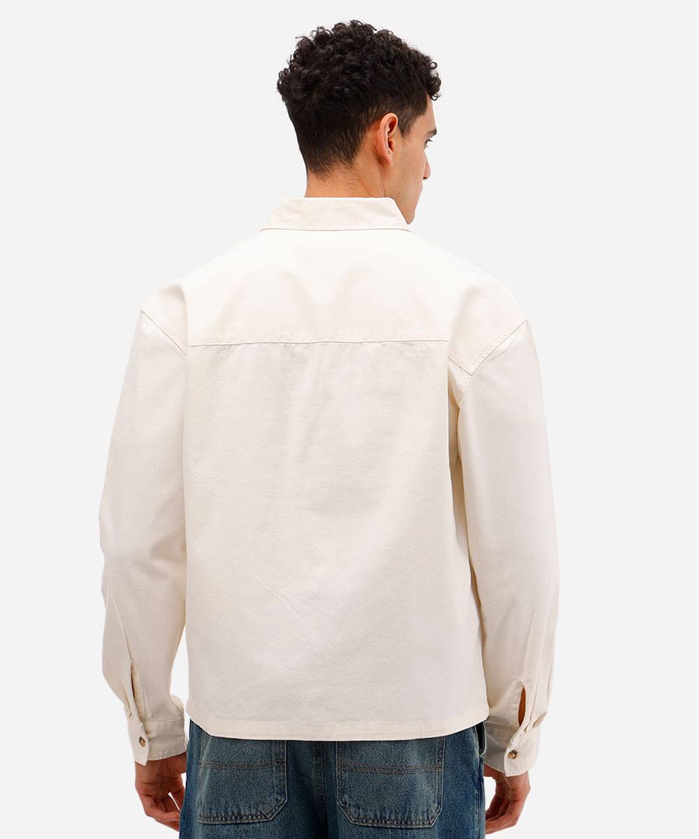 camisa masculina de sarja manga longa com bolso lapela off white