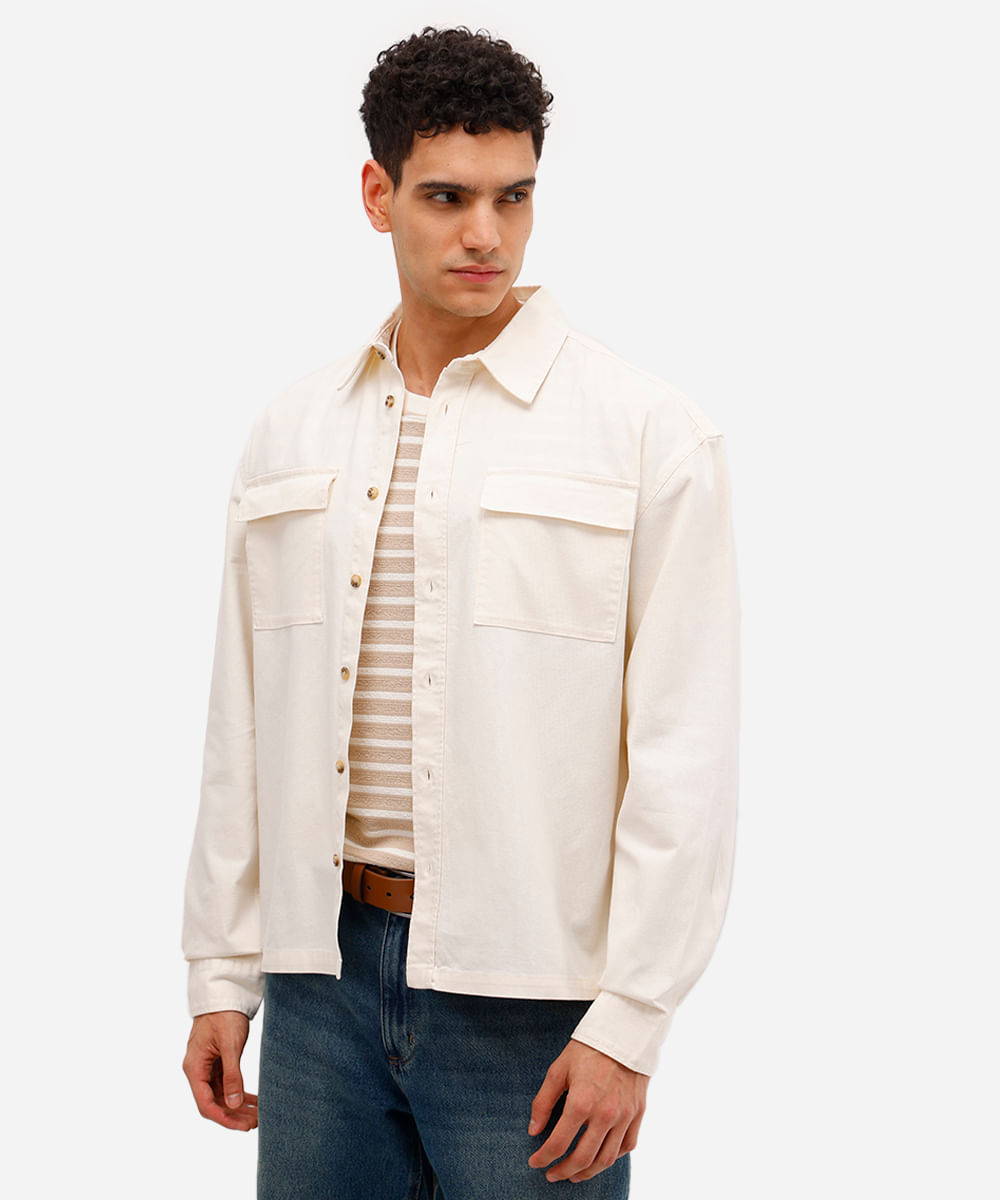 camisa masculina de sarja manga longa com bolso lapela off white