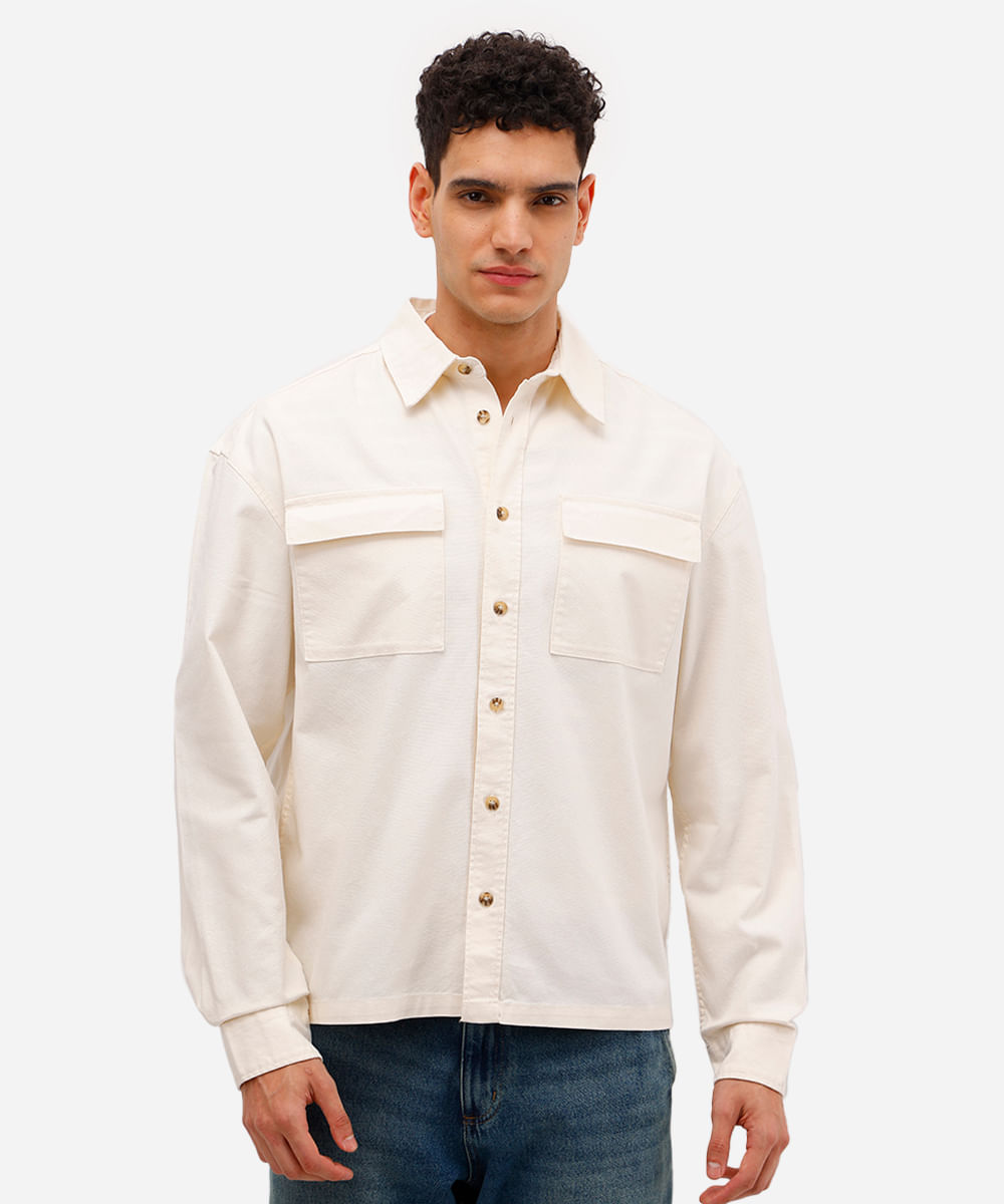 camisa masculina de sarja manga longa com bolso lapela off white