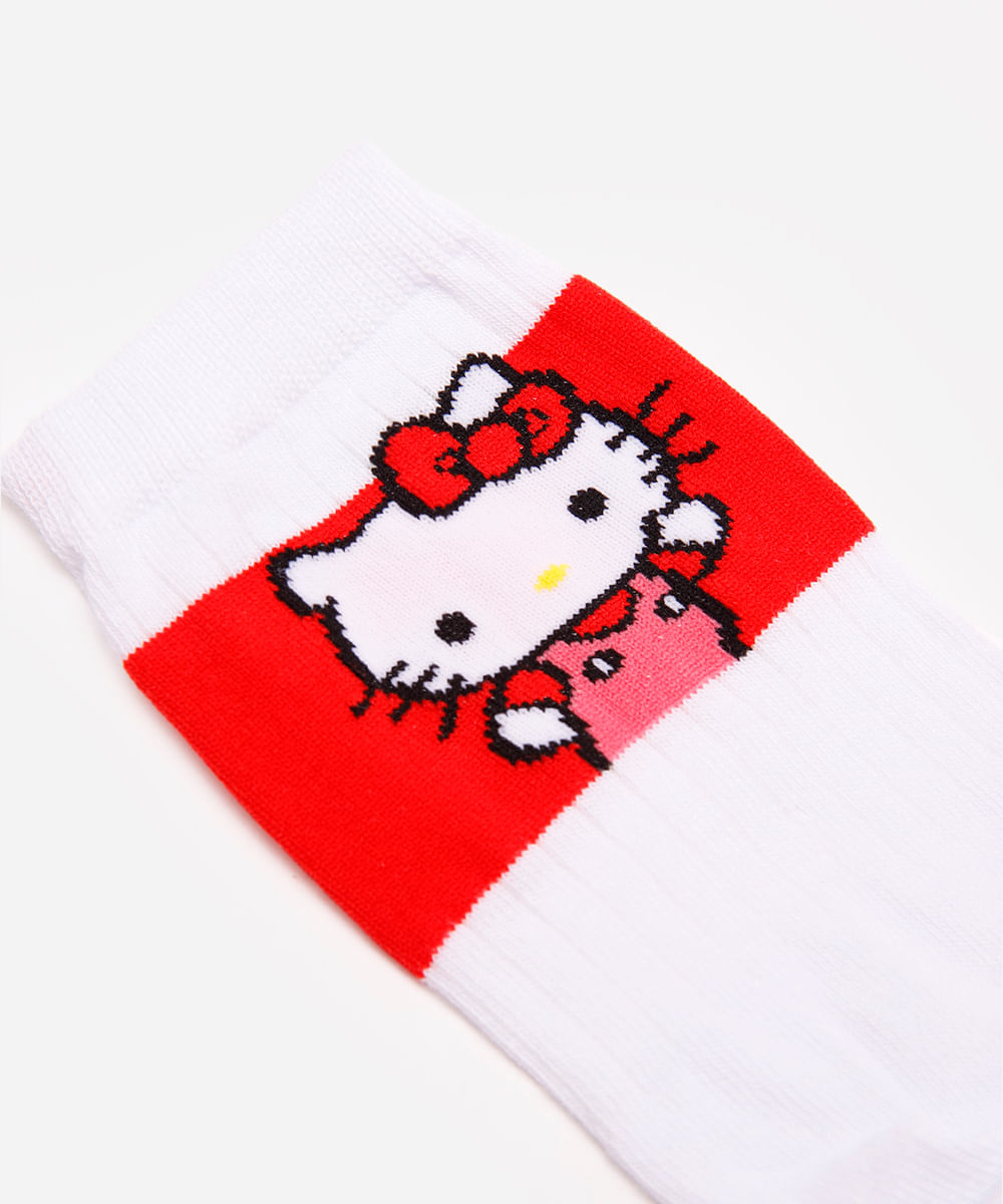 meia feminina cano longo hello kitty branca