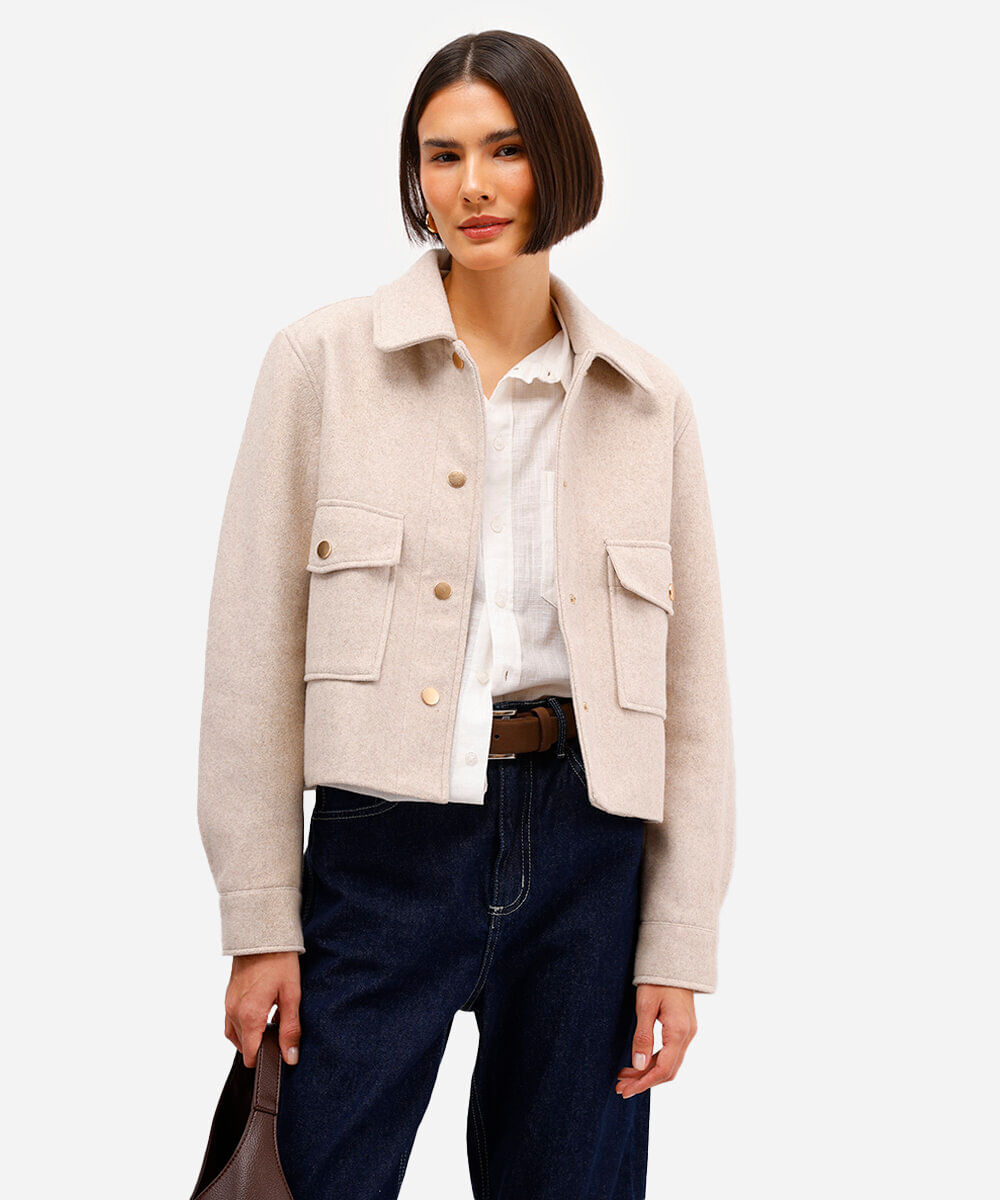 jaqueta feminina texturizada manga longa bege