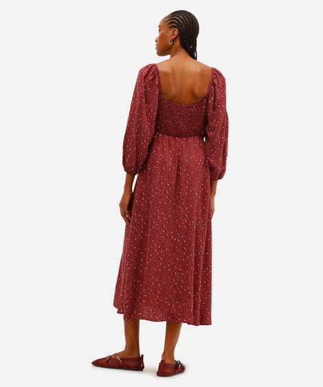 vestido midi feminino de viscose manga bufante floral vinho