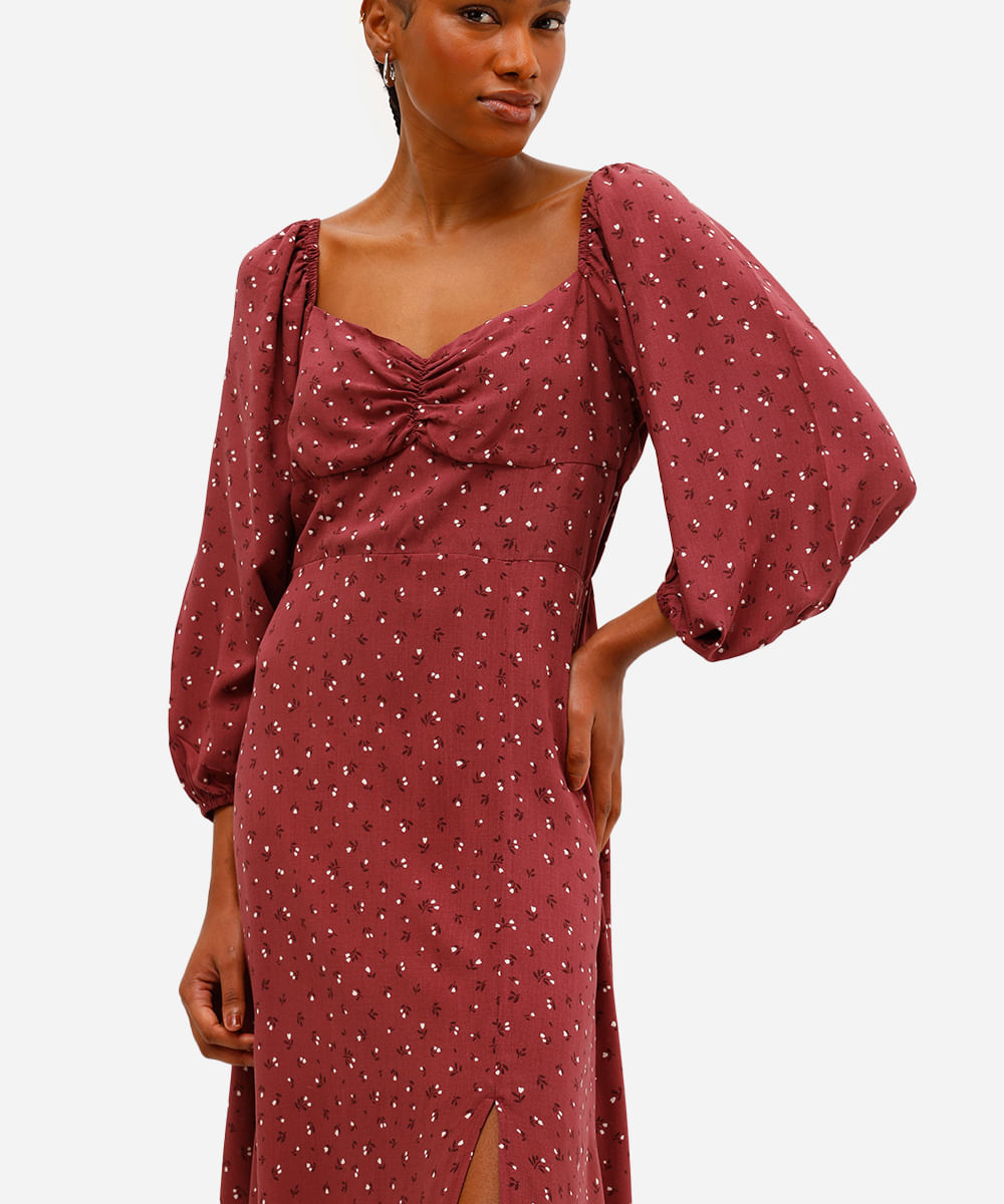 vestido midi feminino de viscose manga bufante floral vinho