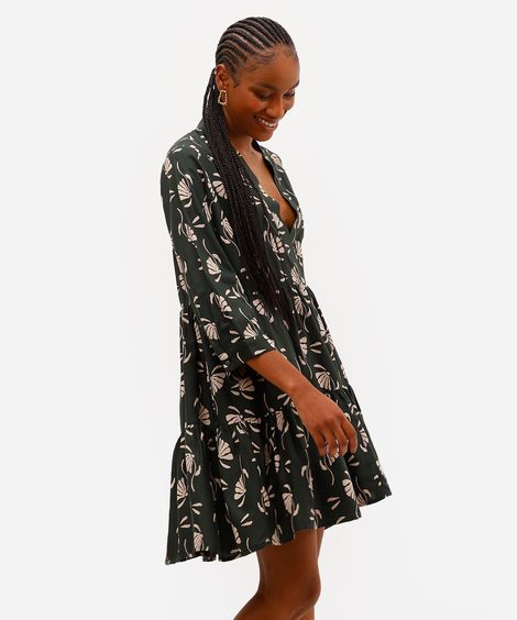 vestido curto feminino de viscose floral verde