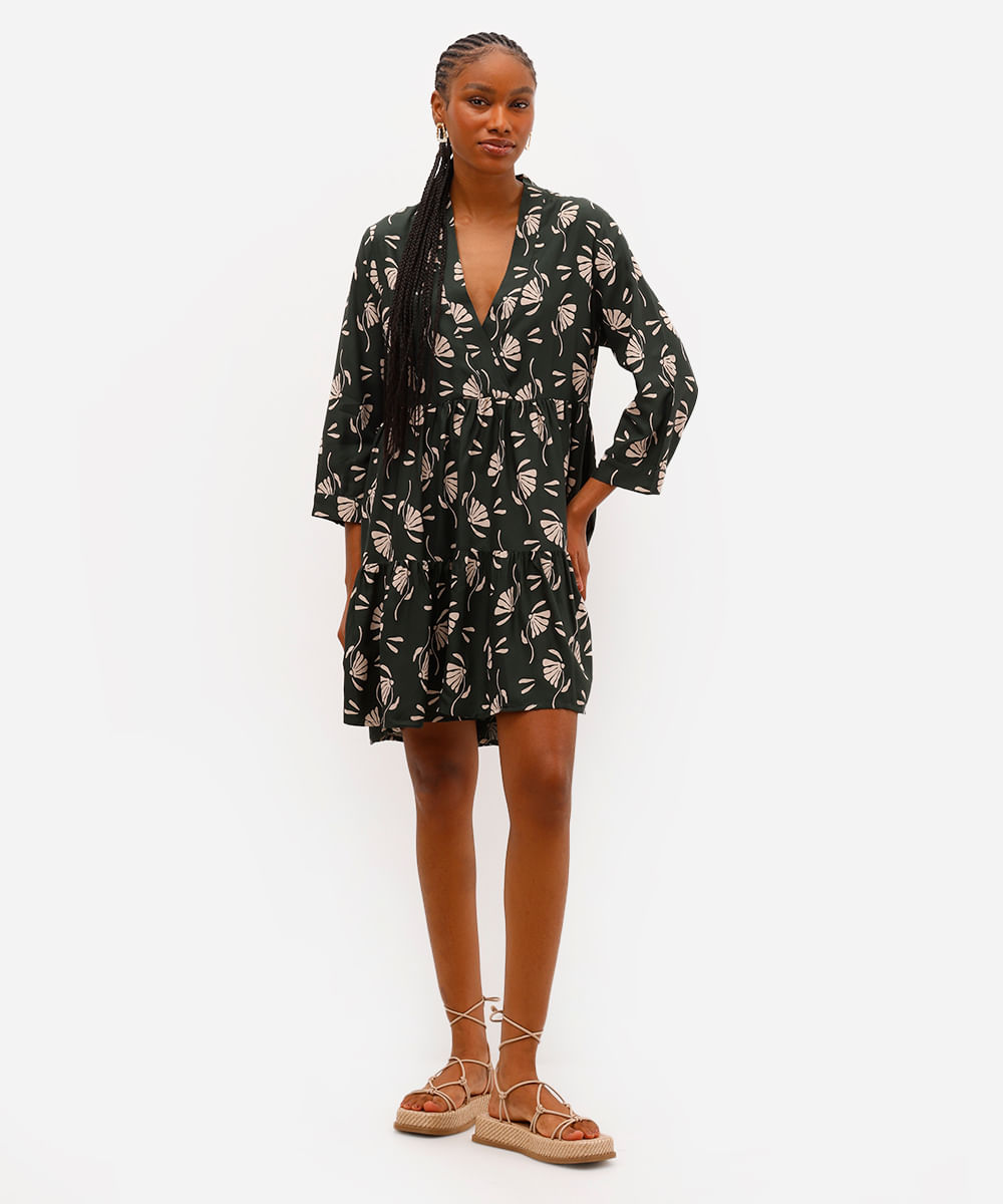 vestido curto feminino de viscose floral verde