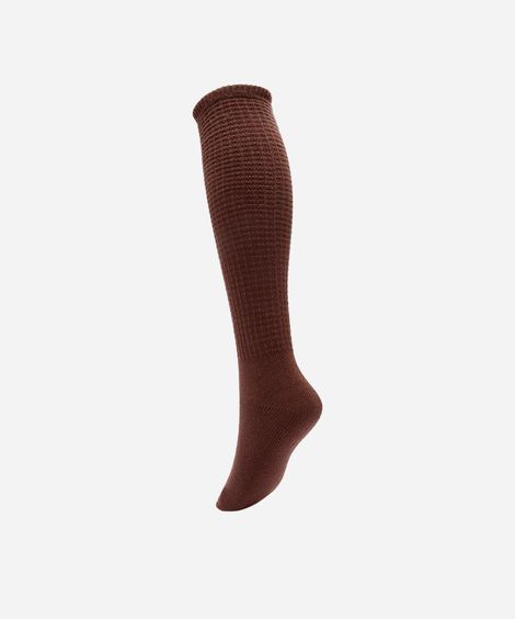meia feminina de tricot cano longo texturizada marrom