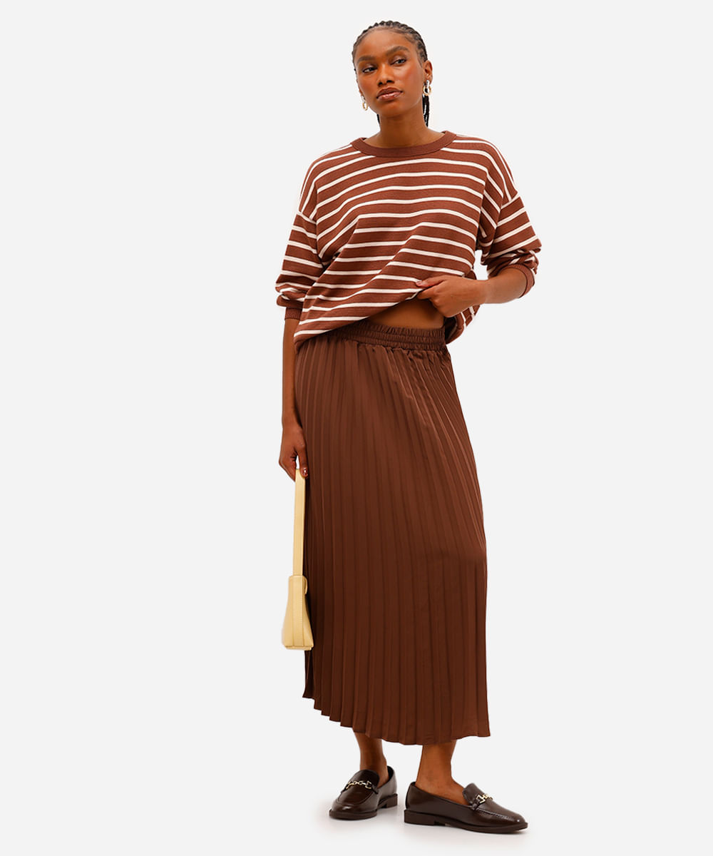 saia midi feminina plissada marrom