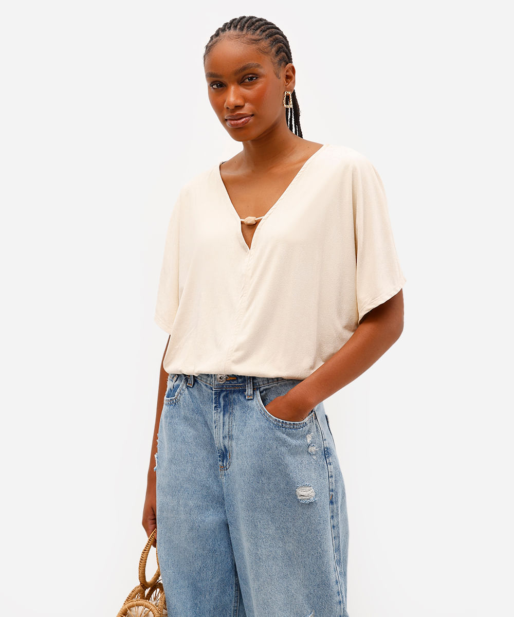 blusa feminina de suede decote v - areia