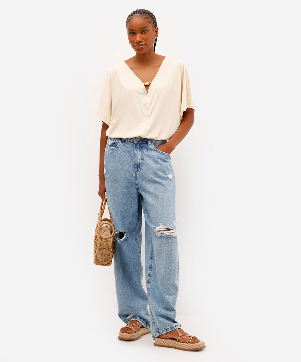 blusa feminina de suede decote v - areia