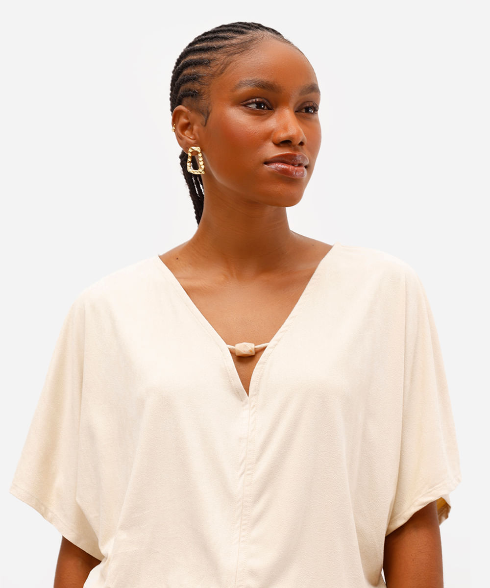 blusa feminina de suede decote v - areia