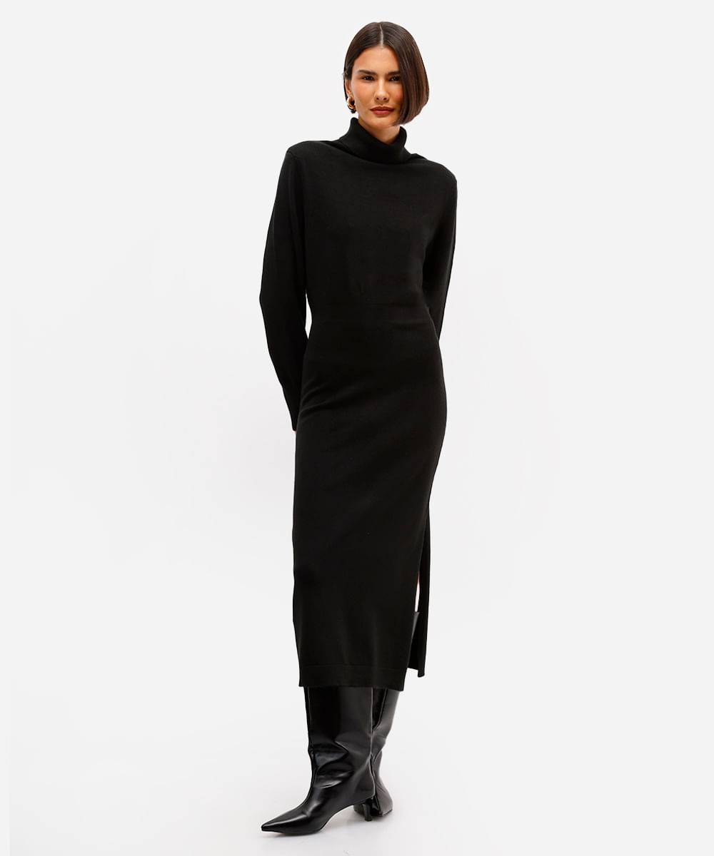vestido feminino de tricot midi gola alta preto
