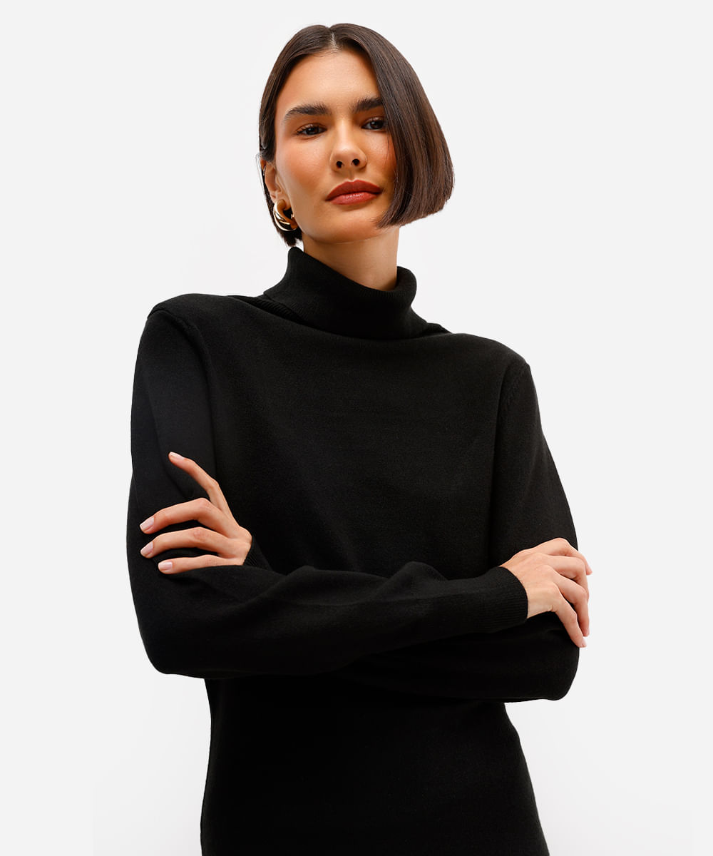 vestido feminino de tricot midi gola alta preto
