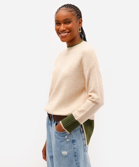 suéter feminino de tricot com fendas bege