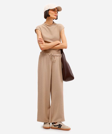 calça reta texturizada cintura alta com elástico - bege