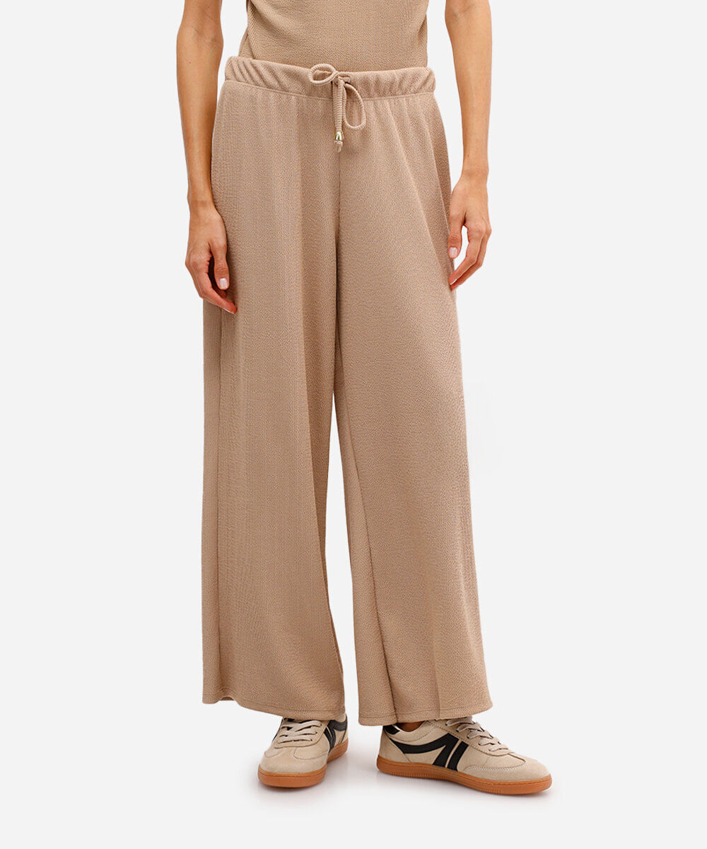 calça reta texturizada cintura alta com elástico - bege