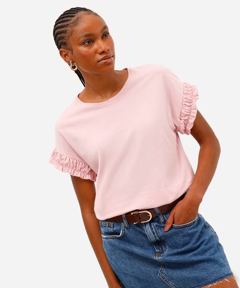 camiseta de algodão manga curta com fru fru rosa