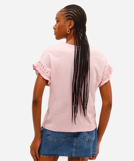 camiseta de algodão manga curta com fru fru rosa