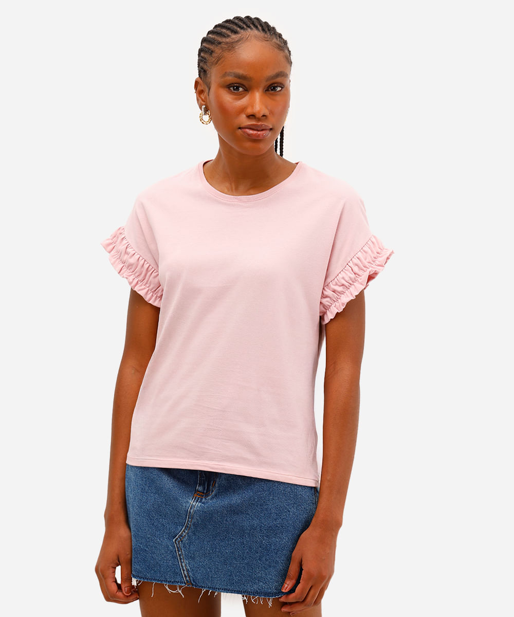camiseta de algodão manga curta com fru fru rosa