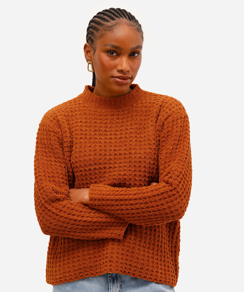 suéter feminino de tricot texturizado marrom