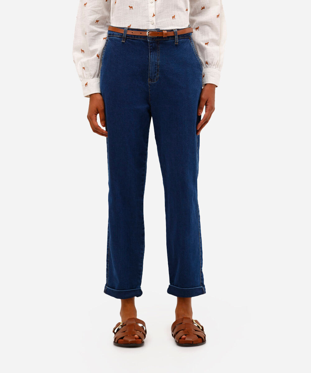 calça cenoura feminina jeans com cinto azul