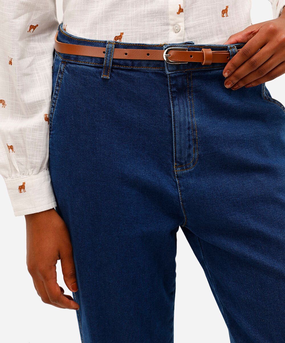 calça cenoura feminina jeans com cinto azul