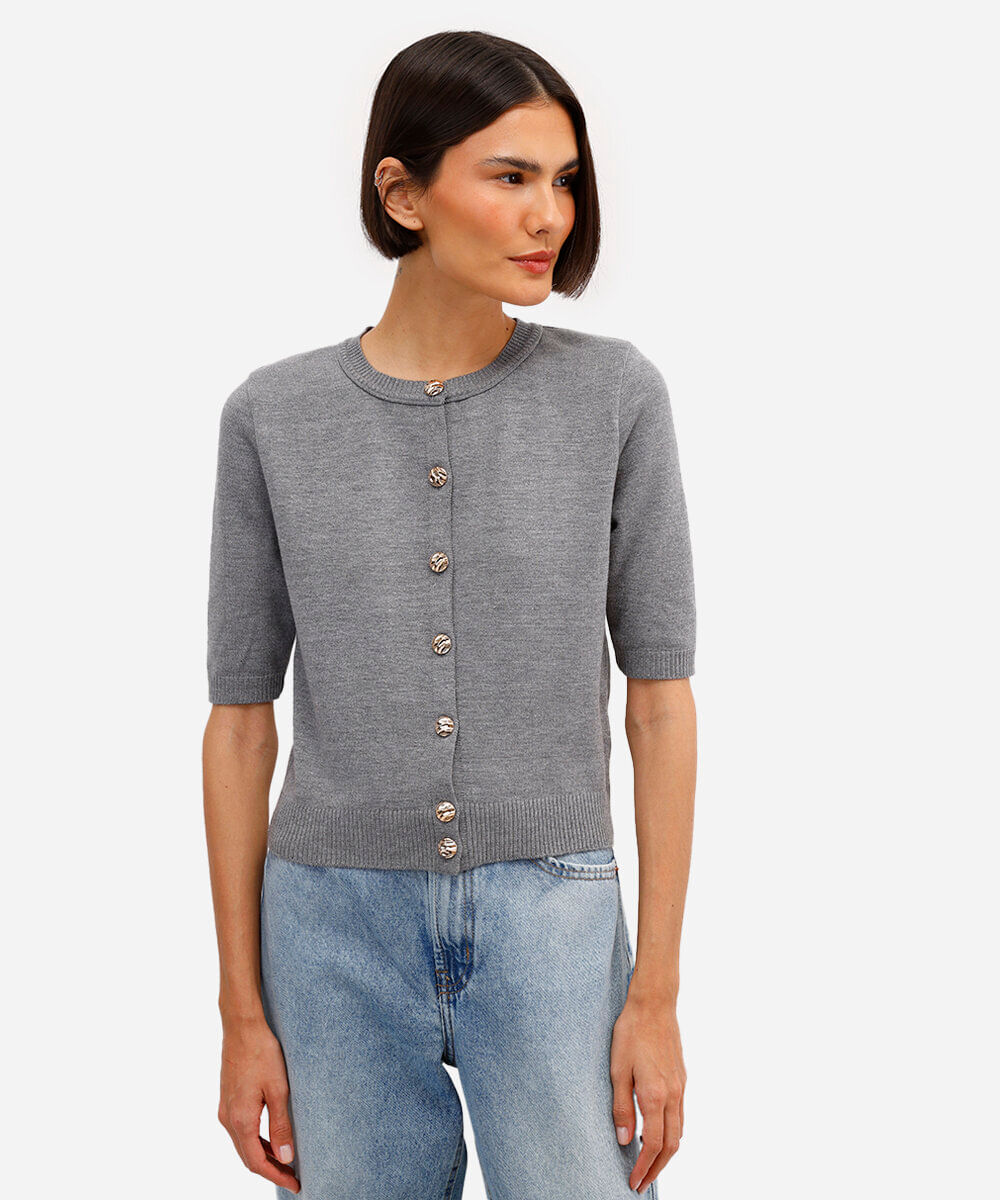 cardigan feminino de tricot com botões cinza