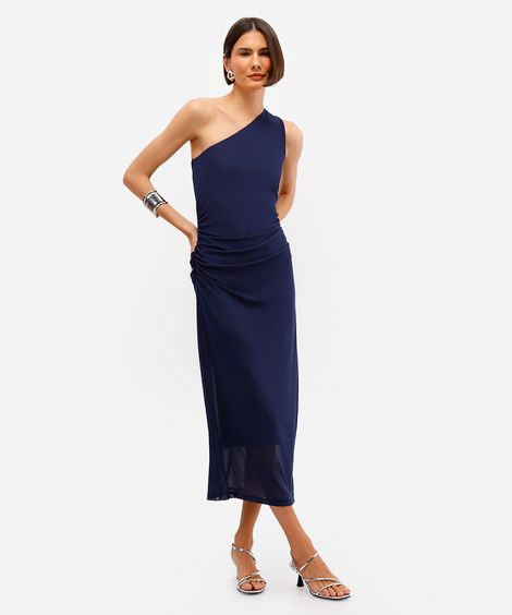 vestido midi feminino ombro único franzido de tule azul