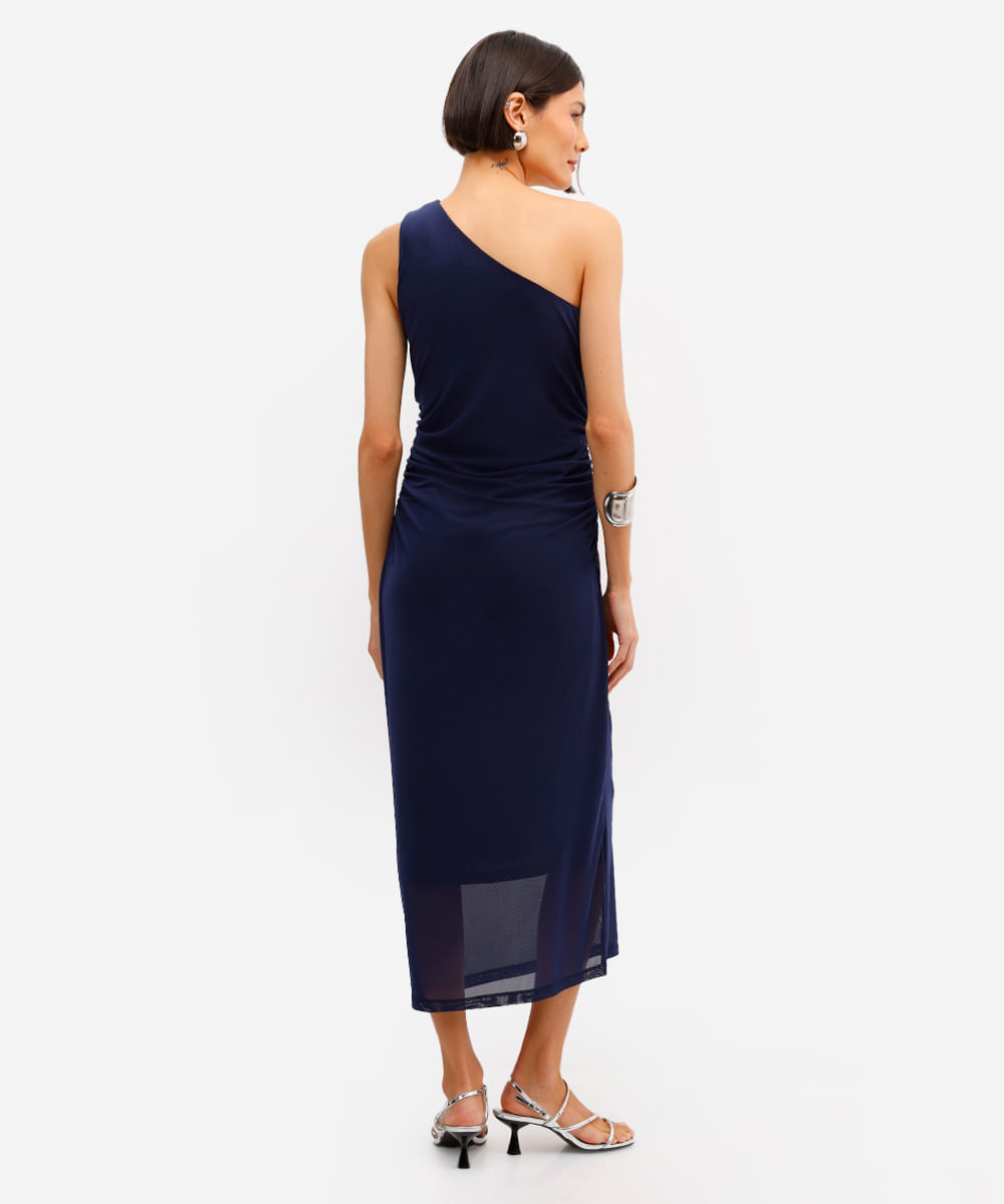 vestido midi feminino ombro único franzido de tule azul