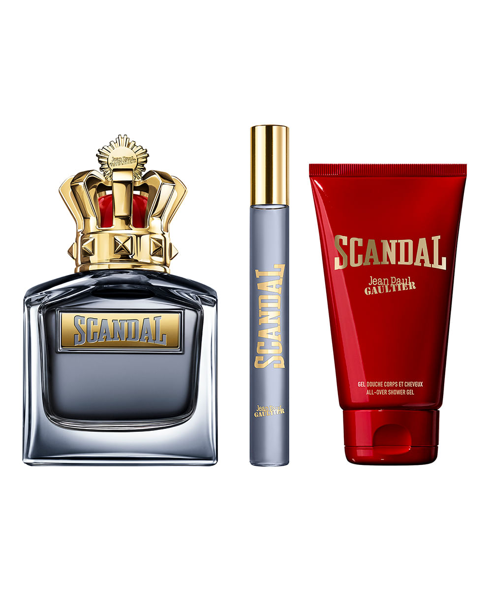 kit perfume masculino jean paul gaultier scandal edt for him 100ml gel de banho 75ml edt for him 10ml