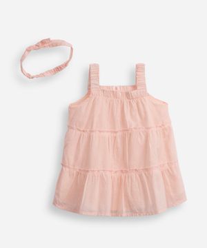 vestido de algodão infantil poá com tiara rosa