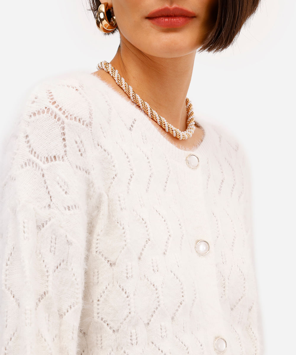 cardigan feminino de tricot texturizado off white