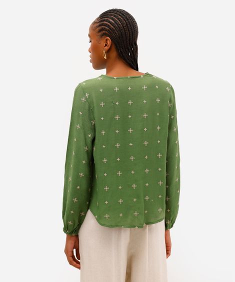 camisa feminina de viscose texturizada bordada verde