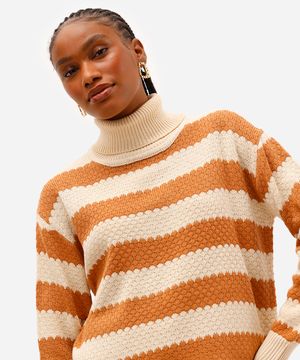 suéter feminino de tricot gola alta listrado bege