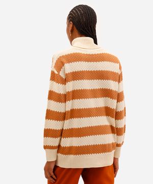 suéter feminino de tricot gola alta listrado bege