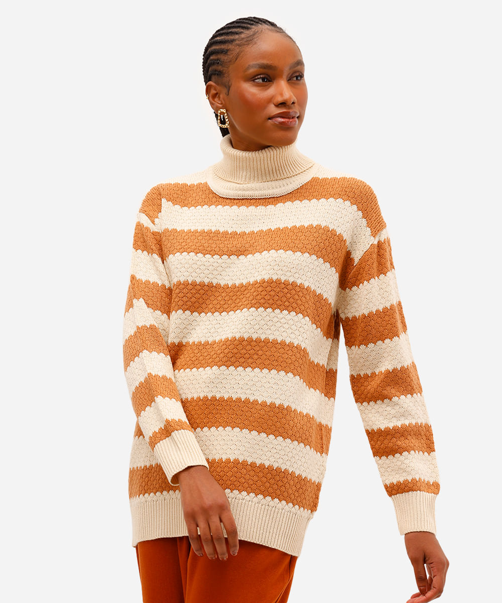 suéter feminino de tricot gola alta listrado bege