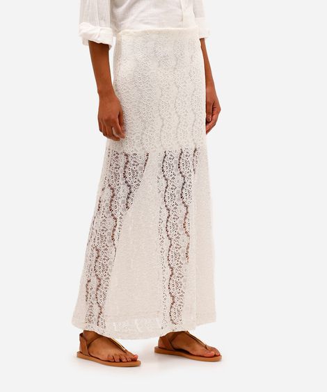 saia longa feminina de renda floral off white