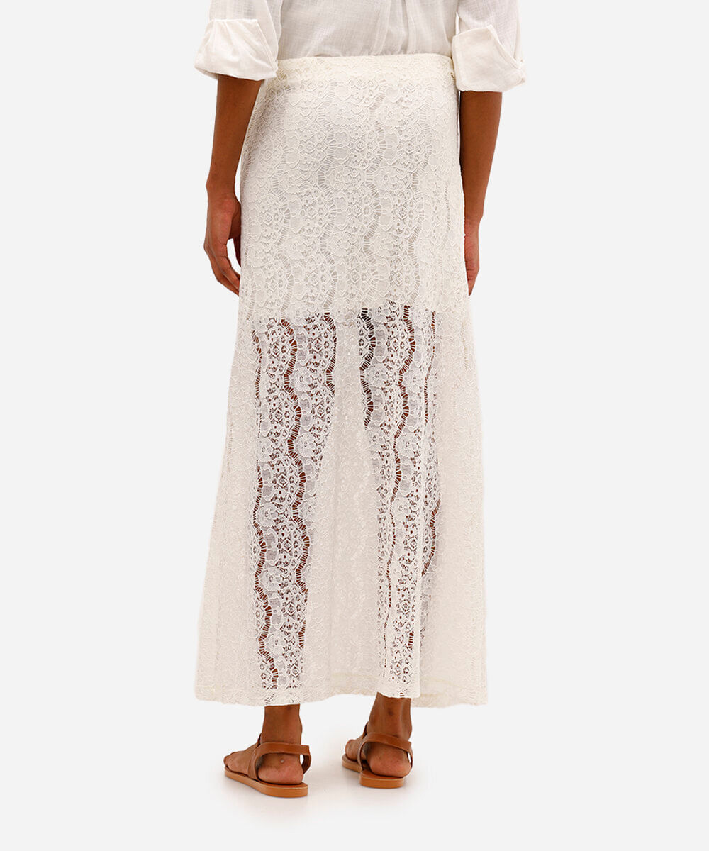 saia longa feminina de renda floral off white