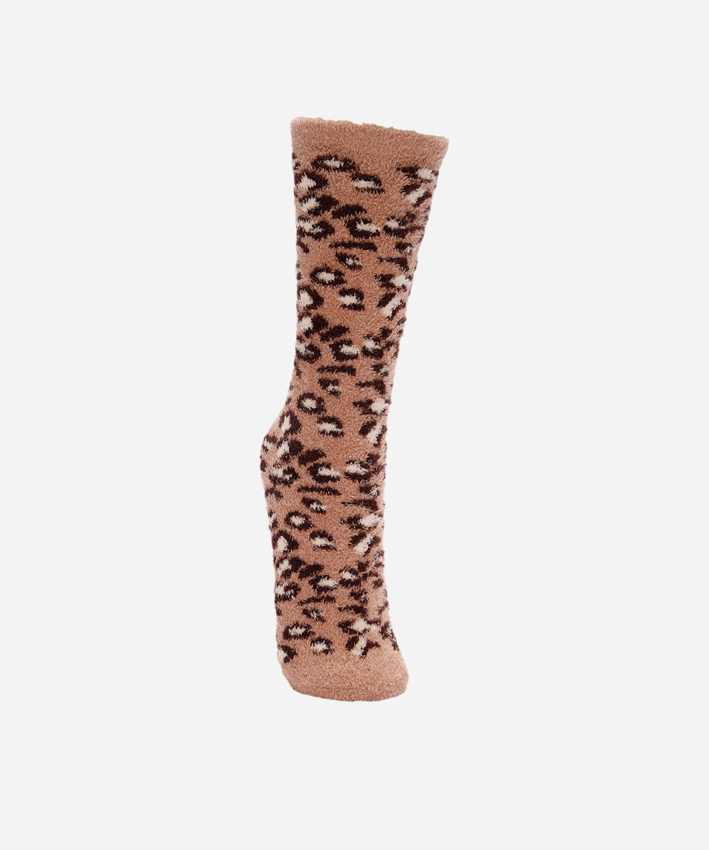 meia feminina cano longo animal print com antiderrapante bege