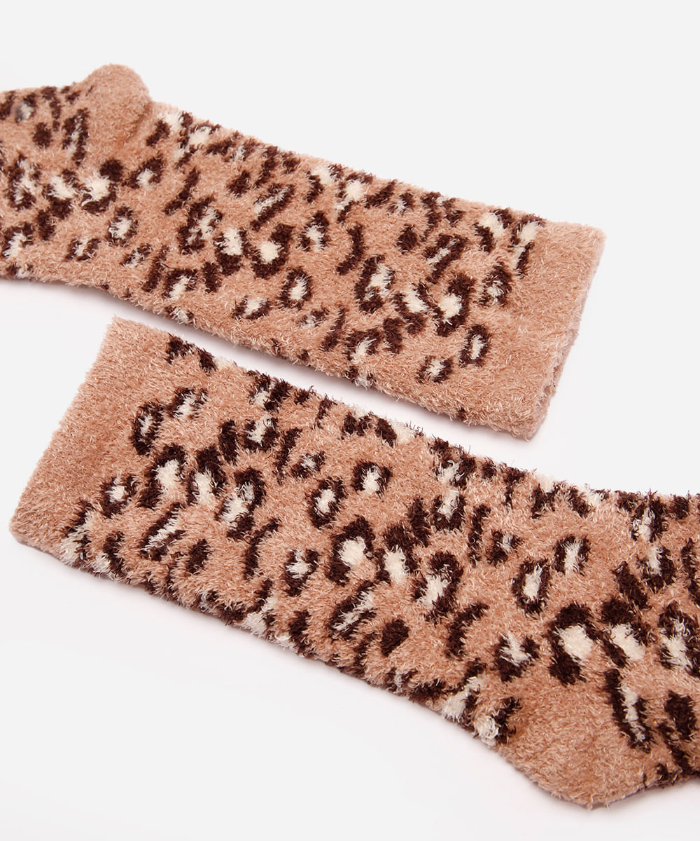 meia feminina cano longo animal print com antiderrapante bege