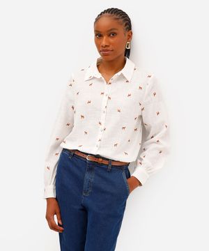 camisa feminina de algodão leopardo manga longa off white